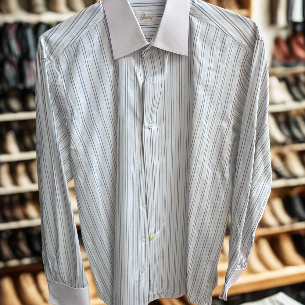 Brioni White and Gray Men's Striped Dress Shirt